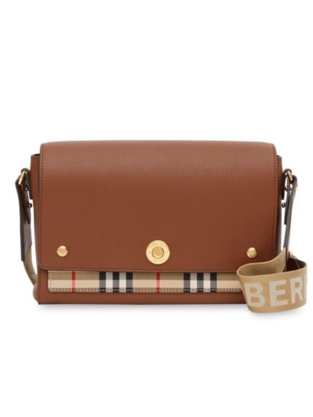 Burberry Brown Leather Crossbody with Logo Strap and Check Trim
